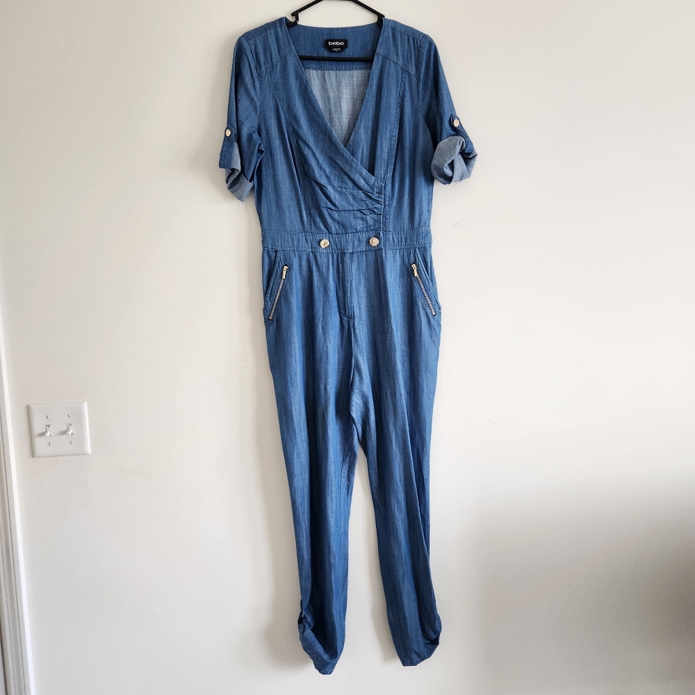 Bebe Blue Denim 3/4 Sleeve, Gold Buttons, Lo or Hi Leg, Size M